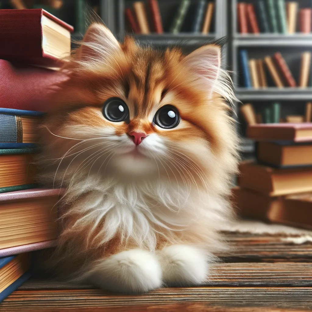 Kitap yığınının arkasından bakan iri gözlü, uzun tüylü yavru kedi