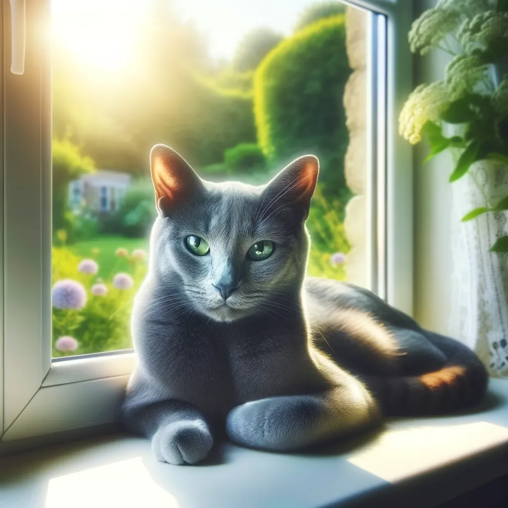 Pencerede güneşlenen yeşil gözlü gri kedi