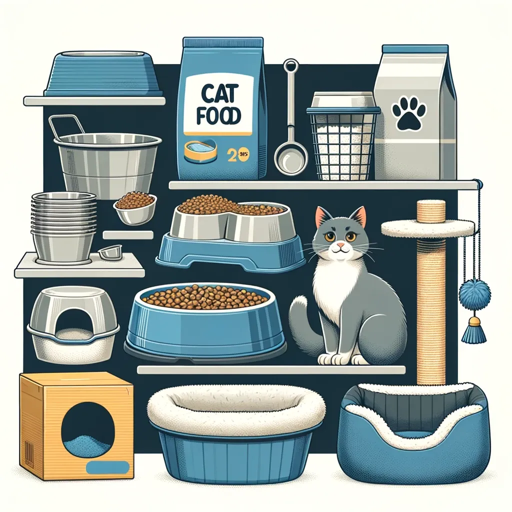 Mama ve su kabı, kum kabı, kedi maması, tırmalama direği ve yatak gibi temel kedi bakım ürünleri (çizim)